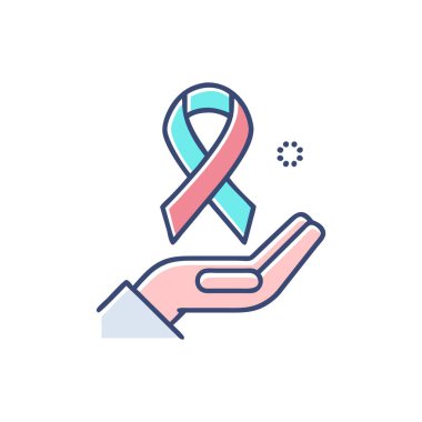 Kanser RGB renk ikonu. Pembe kurdeleli el. Kanser farkındalığı. Kanser farkındalığı. Uluslararası kanser kampanyası. izole vektör çizimi izole edildi