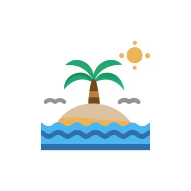 Güneş düz ikonu, vektörü, illüstrasyonu olan palmiye ağacı ve ada