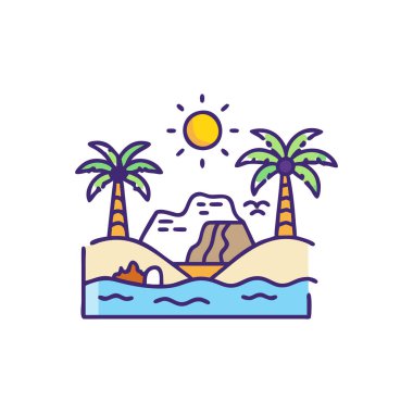 Ağaçlı ve palmiyeli bir plajın doğrusal çizimi.