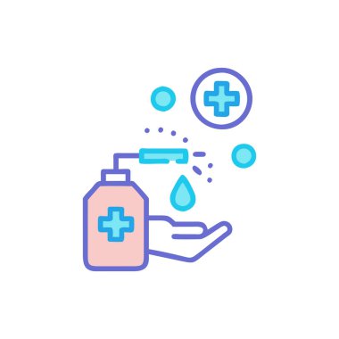 Şişe ve sabun, el dezenfektanı ile ince çizgi şeklinde. Temizlik, dezenfekte ve dezenfeksiyon..