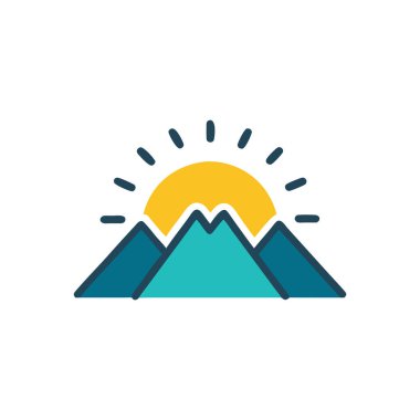 Beyaz arkaplanda izole edilmiş dağ ve güneş simgesi
