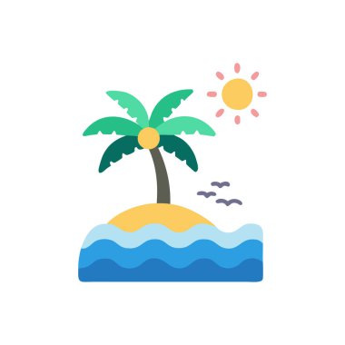 Plaj ve deniz, palmiye ağaçları ve güneş, düz stil ikonu