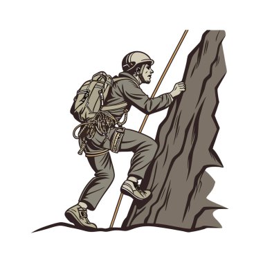 Kayalık tepeye tırmanan iple tırmanan bir dağcı. El çizimi vektör illüstrasyonuName.