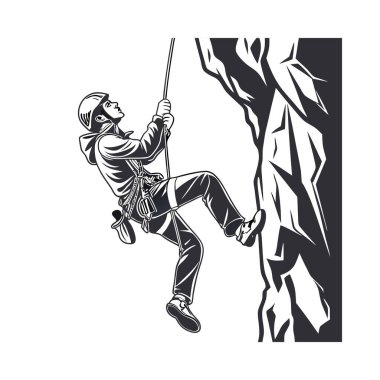 Tırmanma halatıyla tırmanan adam. Beyaz arkaplanda izole edilmiş vektör illüstrasyonu.
