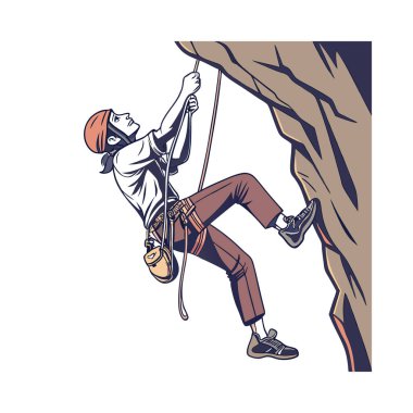 Ormana tırmanan adam. tırmanma ekipmanı. Vektör çizimi. izole edilmiş beyaz arkaplan.