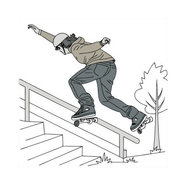 Ağaçların arkasında kaykaylı bir adamın vektör çizimi..
