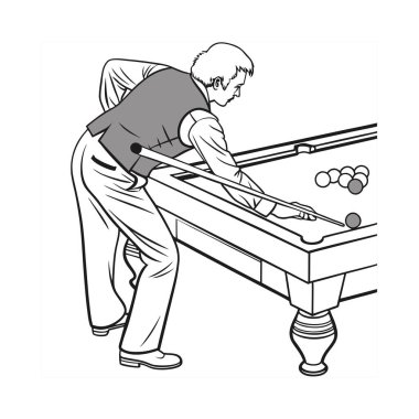 Adam bilardo oynuyor. Beyaz üzerine vektör çizimi