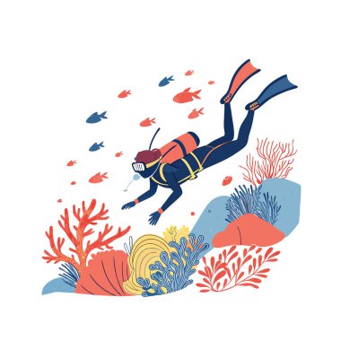 Dalgıç, kırmızı balık sualtı vektör çizimi ile dalıyor.