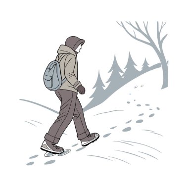Kışın yürüyen bir adamın vektör çizimi
