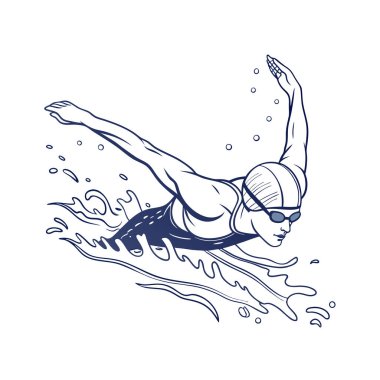 Suda yüzen bir kadın. Çizim çizgisi sanatında vektör illüstrasyonu.