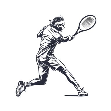 Tenisçi. El çizimi vektör çizimi. Pankart, baskı, etiket, logo için spor posteri