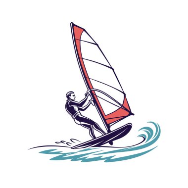 Sahilde sörf yapan sörfçü. Çizgi film tarzında vektör illüstrasyonu.