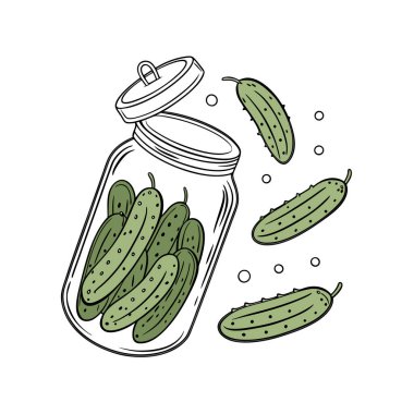 Beyaz arkaplanda izole edilmiş cam kavanozdaki yeşil salatalığın vektör çizimi.