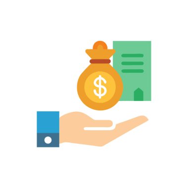 Beyaz arkaplan çiziminde izole edilmiş madeni para dolar işareti ve kredi kartı düz simgesi ile el