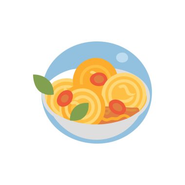 Domates soslu ve peynirli spagetti, yassı vektör ikonu.