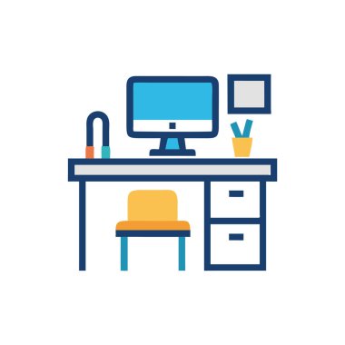 Bilgisayar masası ve masaüstü bilgisayarı ikon vektör illüstrasyonunu izole etti