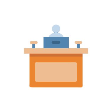 Beyaz arkaplan üzerinde dizüstü bilgisayar simgesi olan ofis tablosu, düz biçim, vektör illüstrasyonu