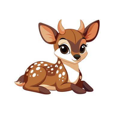 Beyaz arka planda oturan sevimli çizgi film geyiğinin vektör çizimi.