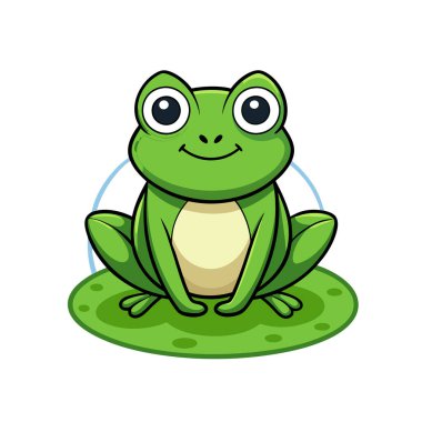 Beyaz arka planda izole edilmiş çimlerin üzerinde oturan sevimli çizgi film kurbağası..