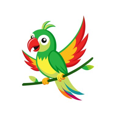 Beyaz arka planda kırmızı papağanla uçan sevimli kuşun vektör çizimi.
