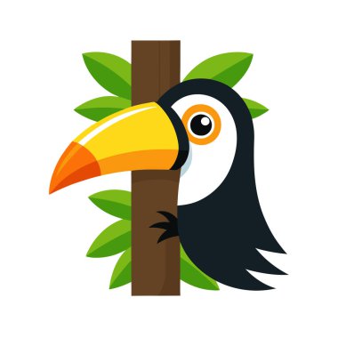 Yeşil yapraklı şirin bir Toucan çizgi filmi. Kuş vektör çizimi beyaz arkaplanda izole edildi. Çocuk kartı, çıkartma, poster için kullanılabilir.,