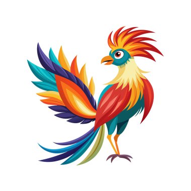 Beyaz arka planda izole edilmiş kırmızı ve sarı tüylü renkli tavus kuşunun vektör karikatür çizimi. Renkli kuş.