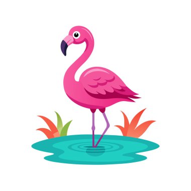 Su vektör illüstrasyonunda pembe flamingo kuşu beyaz arkaplanda izole edildi