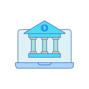 Dizüstü bilgisayar vektör çizimine sahip dolar ve banka binası