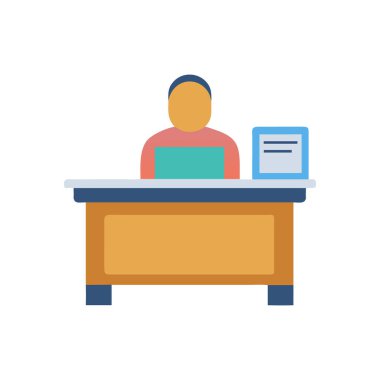 Beyaz arkaplanda dizüstü bilgisayar simgesi vektörü olan ofis masası. Ofis masası imzası