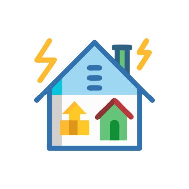Yıldırımlı, yıldırımlı, yıldırımlı, rüzgar enerjili, güç işaretli evin vektör simgesi