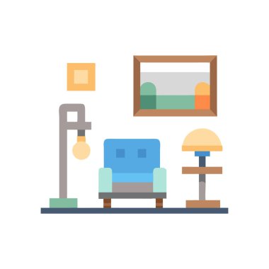 Sandalyesi ve masa lambası olan ev eşyaları.