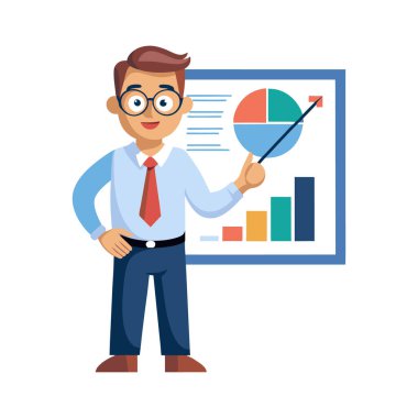 İstatistik grafiği ve istatistik vektör illüstrasyon tasarımına sahip iş adamı