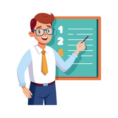 Pano ve kontrol listesi karikatür vektör illüstrasyon grafik tasarımı ile genç adam