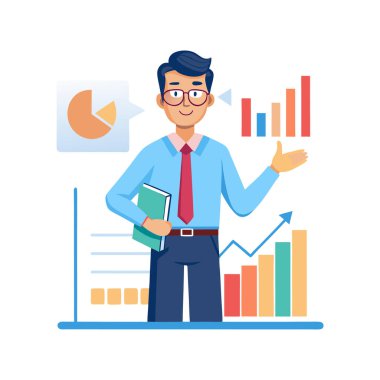 İstatistik ve pasta grafiği çizim tasarımı olan iş adamı