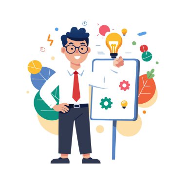 İş fikri, panosu olan iş adamı.