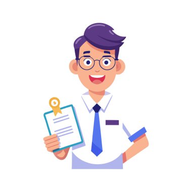 Gözlüklü, mutlu, gülümseyen öğrenci.