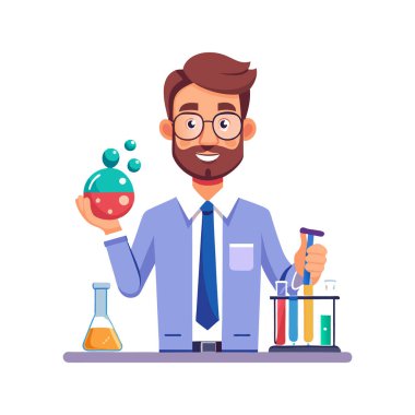 Bilim adamı deney tüpünü sıvı ile tutuyor. Çizgi film karakterinin vektör çizimi