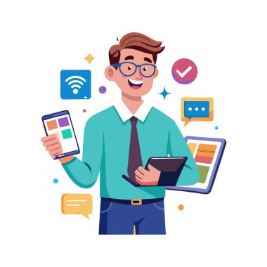 akıllı telefon vektör illüstrasyon tasarımı ile mobil uygulama kullanan adam