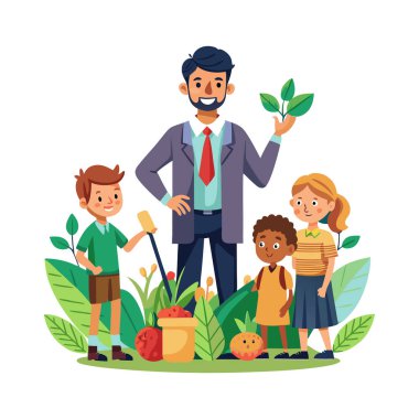 Mutlu baba çocuklarını arka planda tutuyor. vektör düz tasarım çizimi