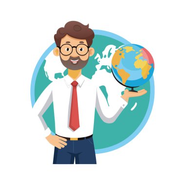 Dünya haritası vektör çizimine sahip iş adamı karakteri