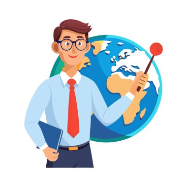 Dünya küresi ve kalem vektör çizimine sahip bir adam.