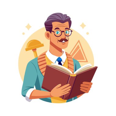 Mutlu iş adamı kitap tutuyor ve kitap okuyor.