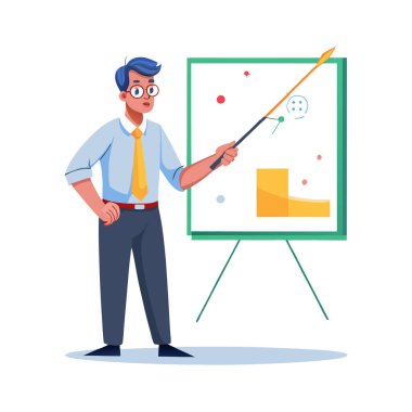 İş adamı tahtada bir grafik sunuyor..