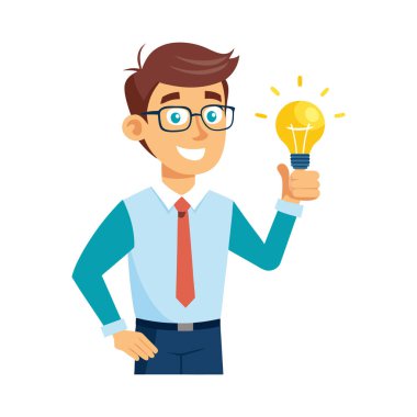 Ampul karakter vektör illüstrasyon tasarımına sahip genç iş adamı