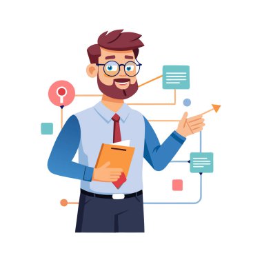 Akıllı telefon ve sosyal medya ağı illüstrasyon tasarımı kullanan iş adamı