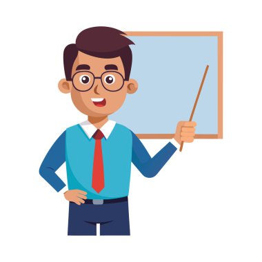 Kara tahtası ve kalemi olan mutlu genç bir adam.