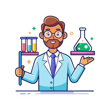 Test tüpleri ve matarası olan bir bilim adamı.
