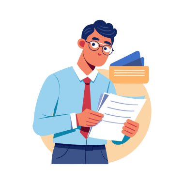 Pano, kalem ve belge vektör tasarımına sahip iş adamı