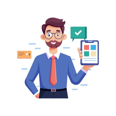 İş adamı kontrol listesi vektör tasarımlı akıllı telefon kullanıyor