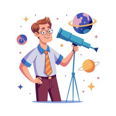 Teleskopu ve teleskopu olan bir iş adamının vektör düz çizimi